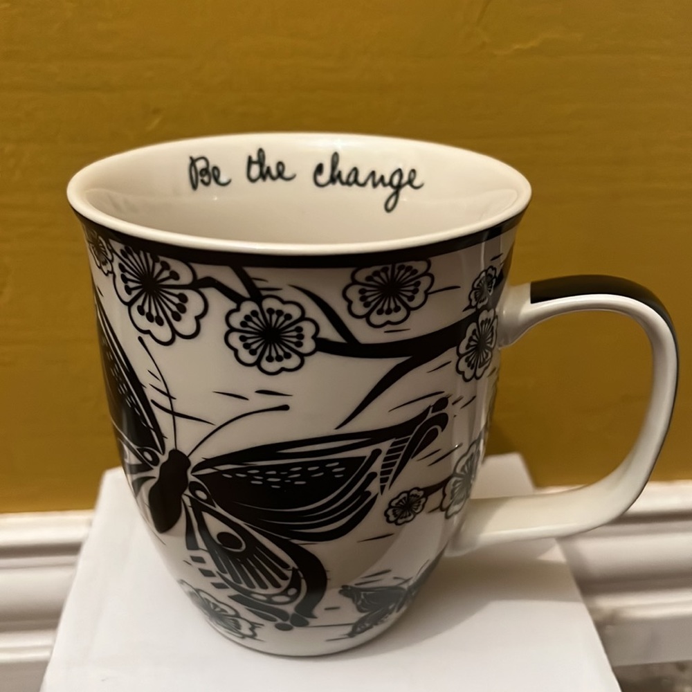 Karma-“Be The Change” Butterfly black and white ceramic mug. 16oz NWT in box